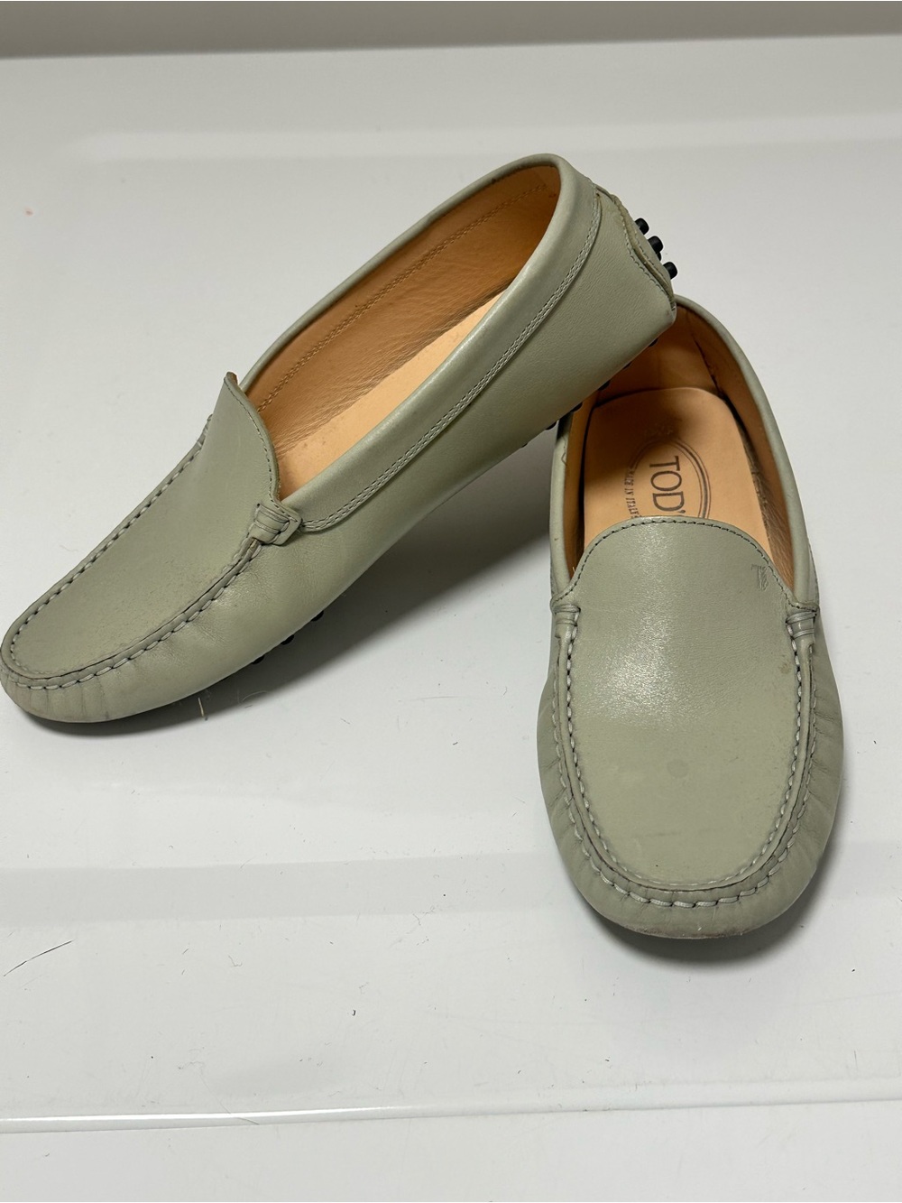 Tod's Sage Green Leather Driving Loafers